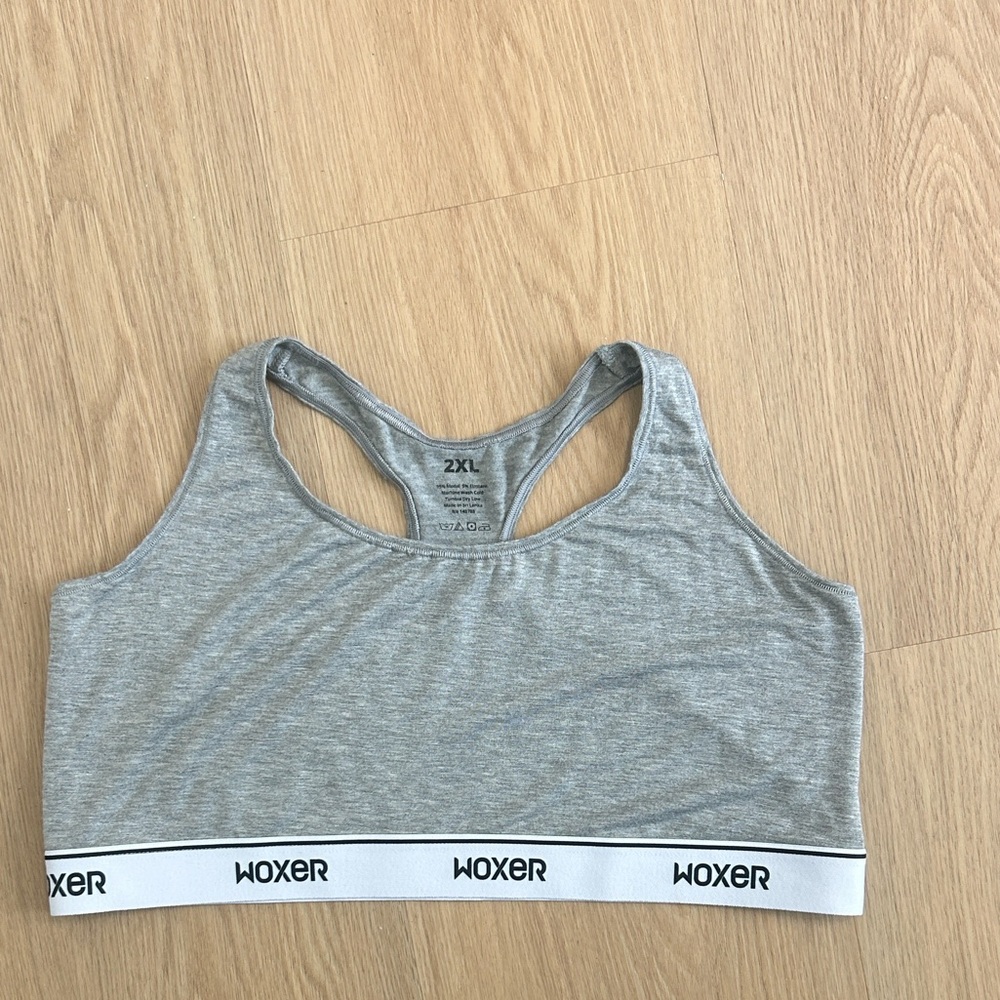 Woxer Gray Racerback Sports Bra with White Logo Band